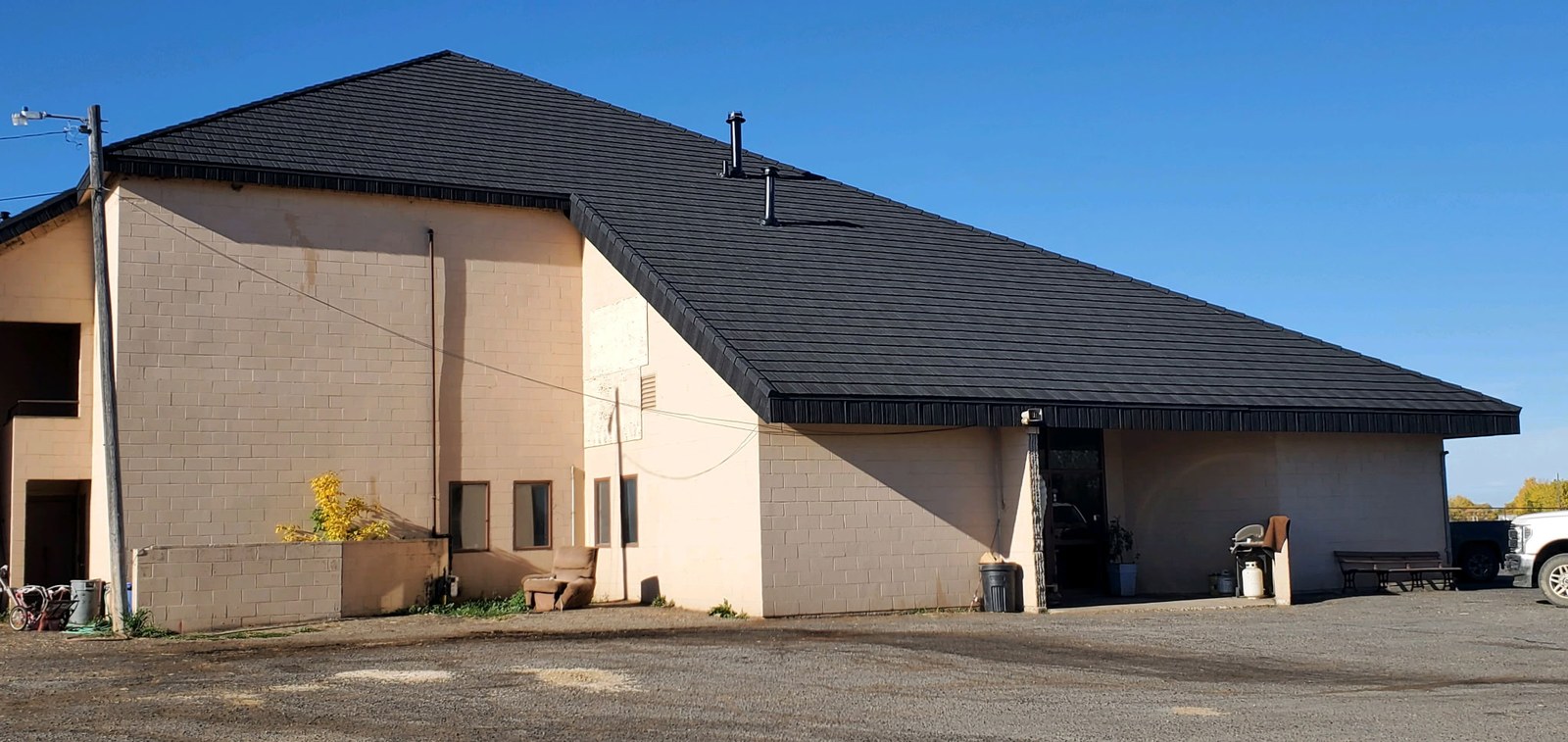 WeatherLok stone-coated steel slate shingle roof on a commercial building