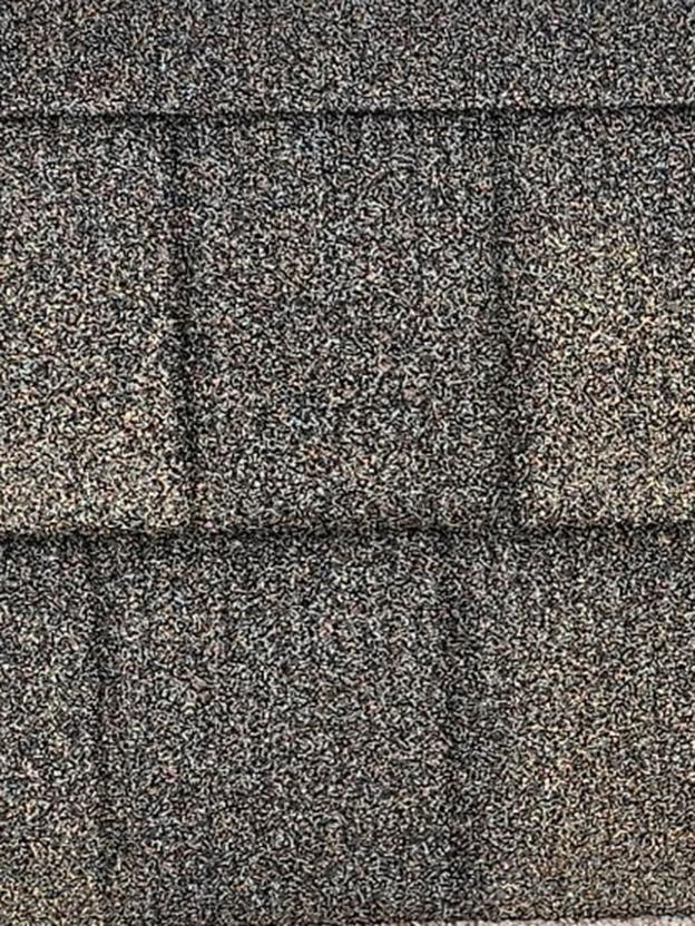 Weatherwood Slate Shingle panel, stone-coated steel in the Weatherwood colorway
